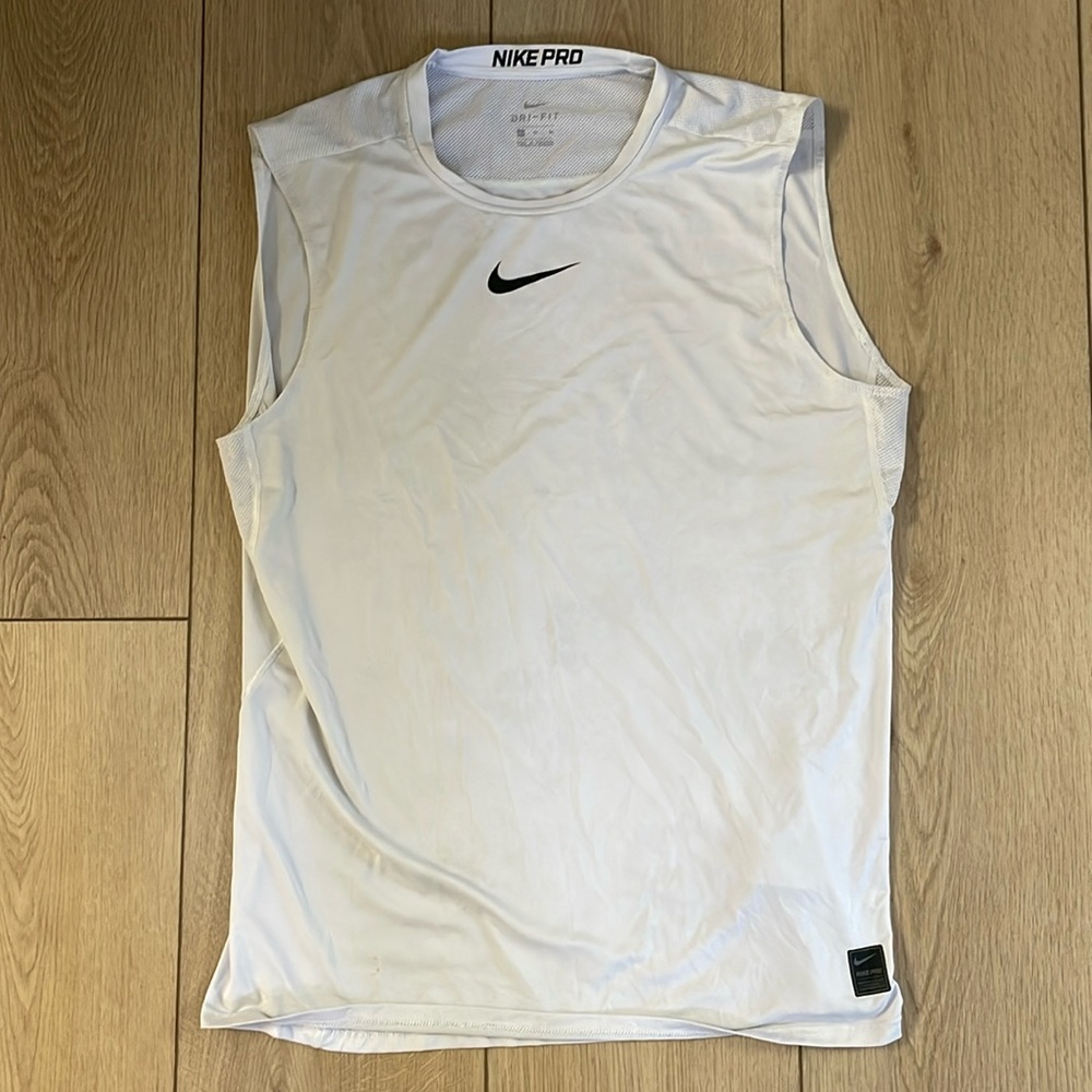 Nike Pro Dri-Fit White Fitted athletic sleeveless football muscle shirt